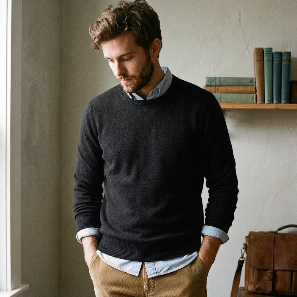 J.Crew Mens Sweater Large Black 100% Cashmere Crewneck J6384 Minimalist Luxury